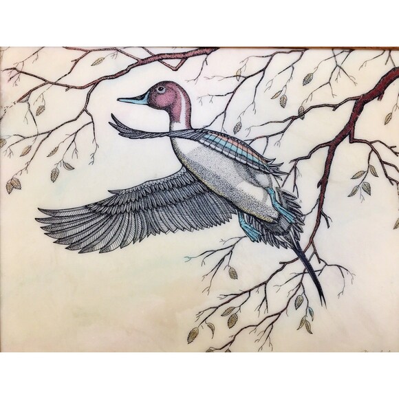 Vintage Mallard Duck In Flight With Tree Branches & Leaves Marble Etching Signed - Picture 4 of 7